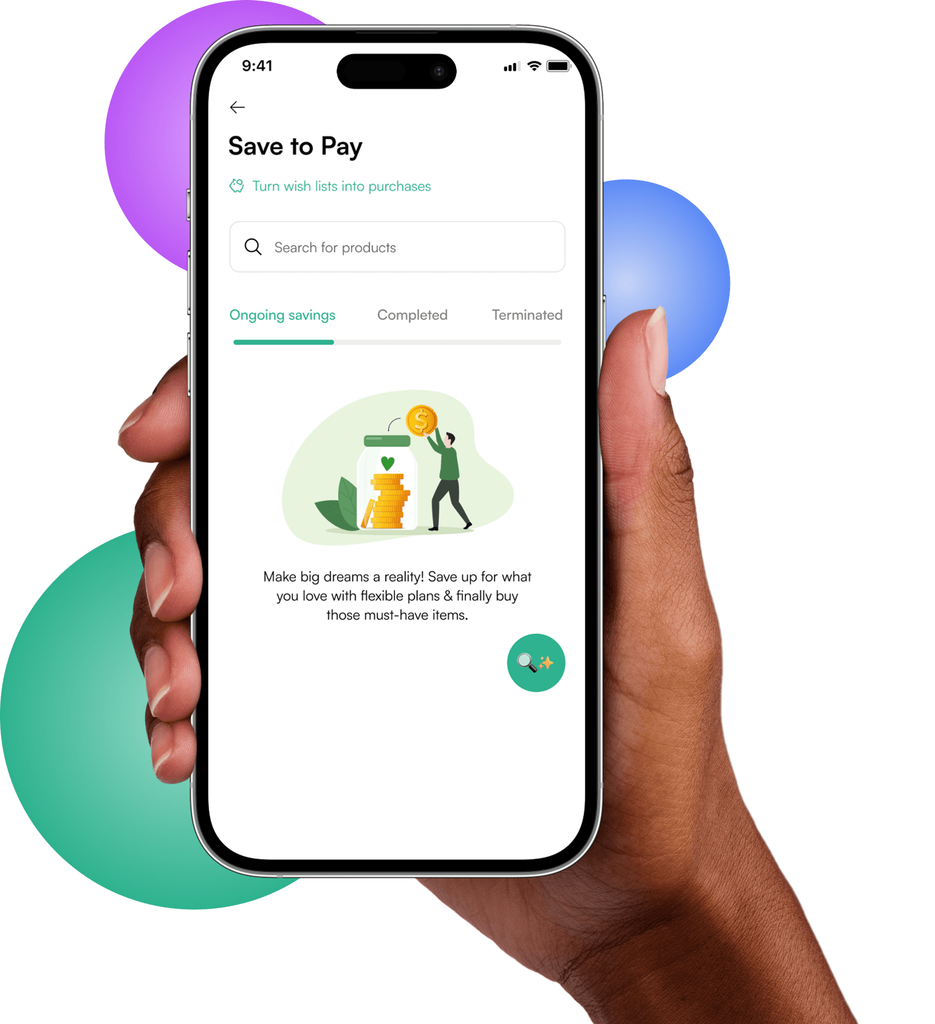 Hand holding a smartphone displaying the Nkwa Save to Pay feature, with decorative colored circles in the background.