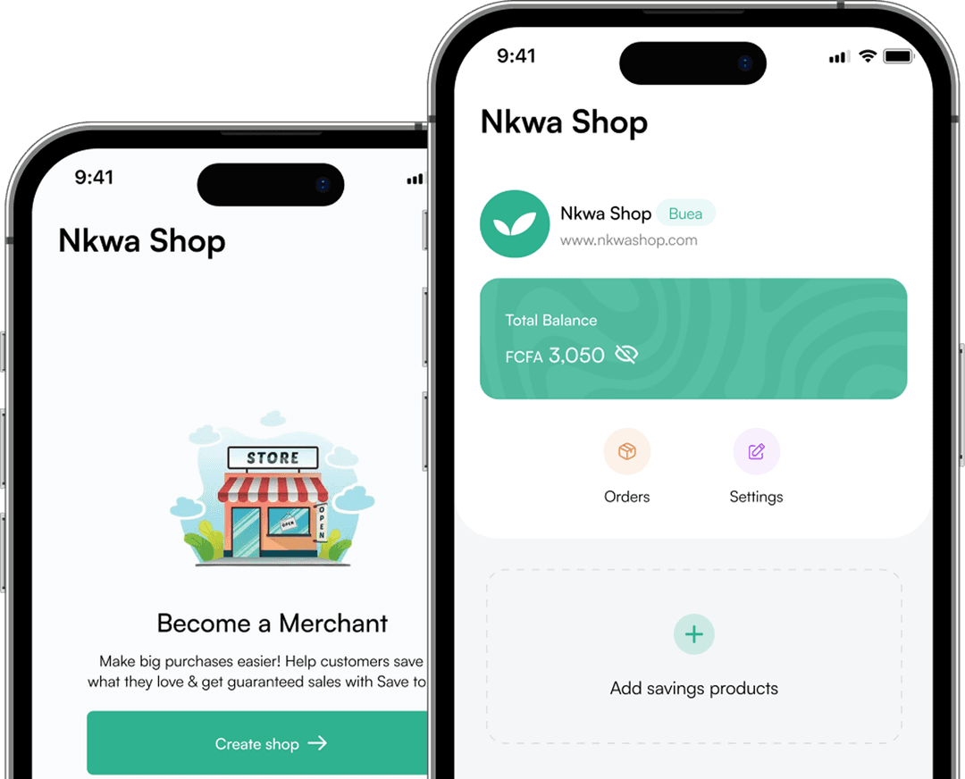 Two smartphones displaying the Nkwa Shop merchant interface.